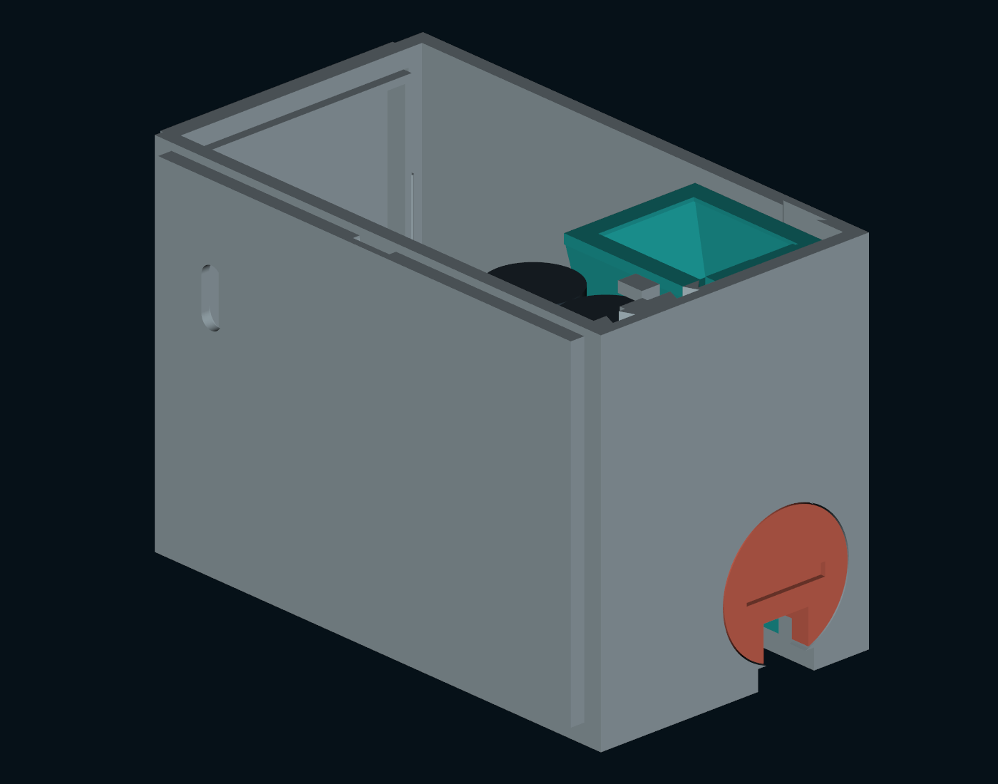 AutoFishFeeder mechanical CAD assembly with a turquoise hopper, grey enclosure and coral cartridge cap