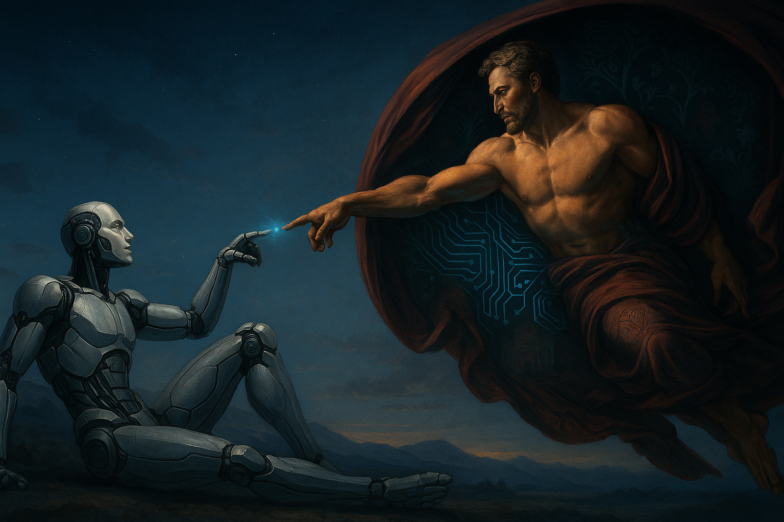 Boberli brand illustration of a human figure reaching towards a robot