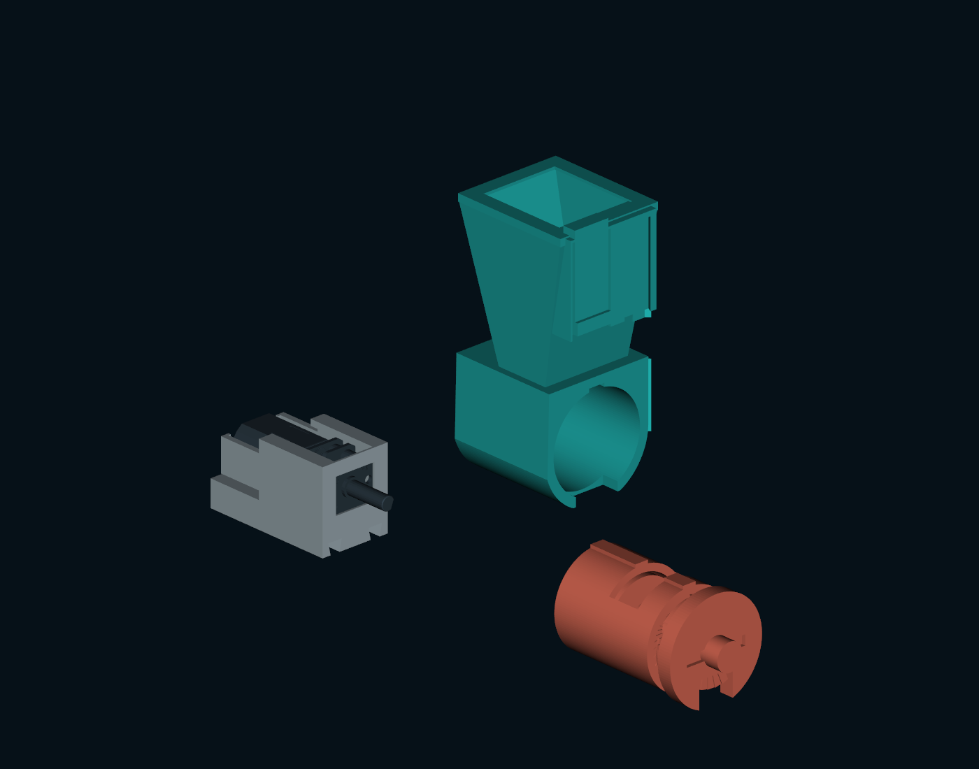 CAD detail of the hopper, cartridge, auger, bearing cap and motor
